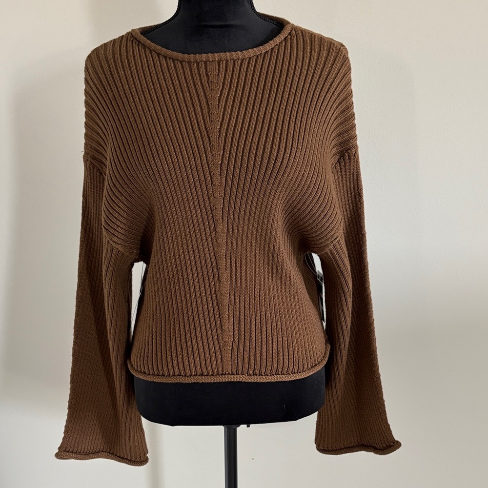 NWOT HYFVE Chocolate Brown Chunky Ribbed Knit Rolled Crew Neck Sweater Small